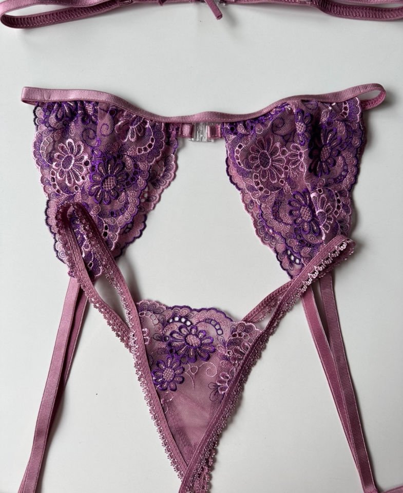 Veronica Pembe/Mor Çiçek Desenli Üçlü Seksi Jartiyer Takım -3451 Mor - S/M