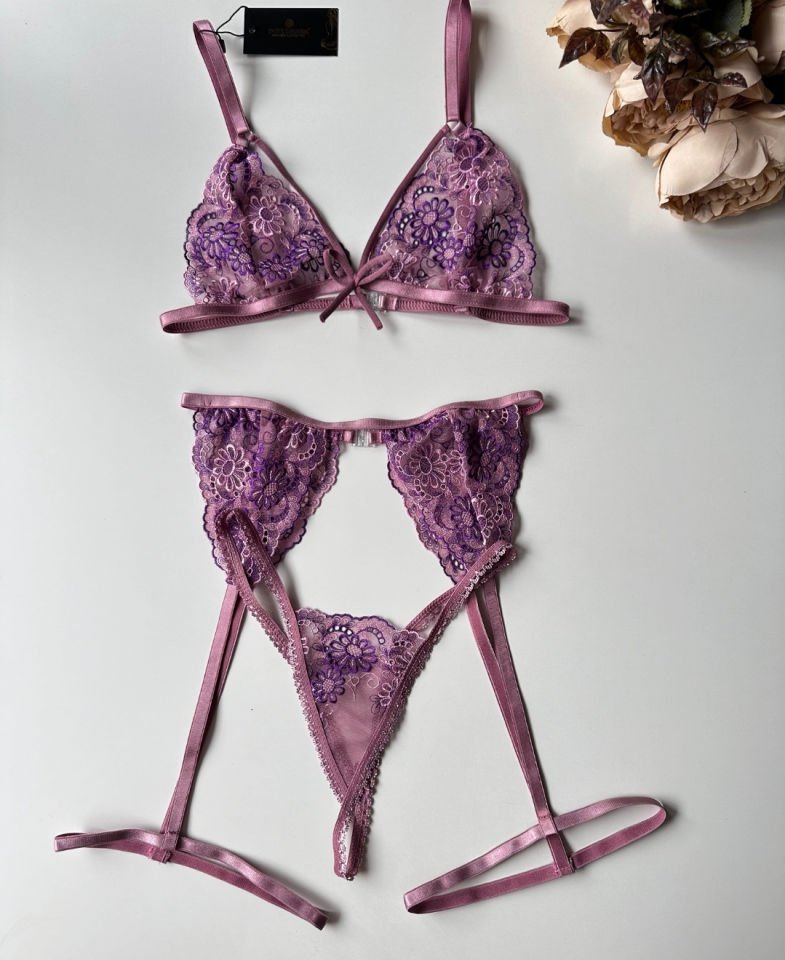 Veronica Pembe/Mor Çiçek Desenli Üçlü Seksi Jartiyer Takım -3451 Mor - S/M