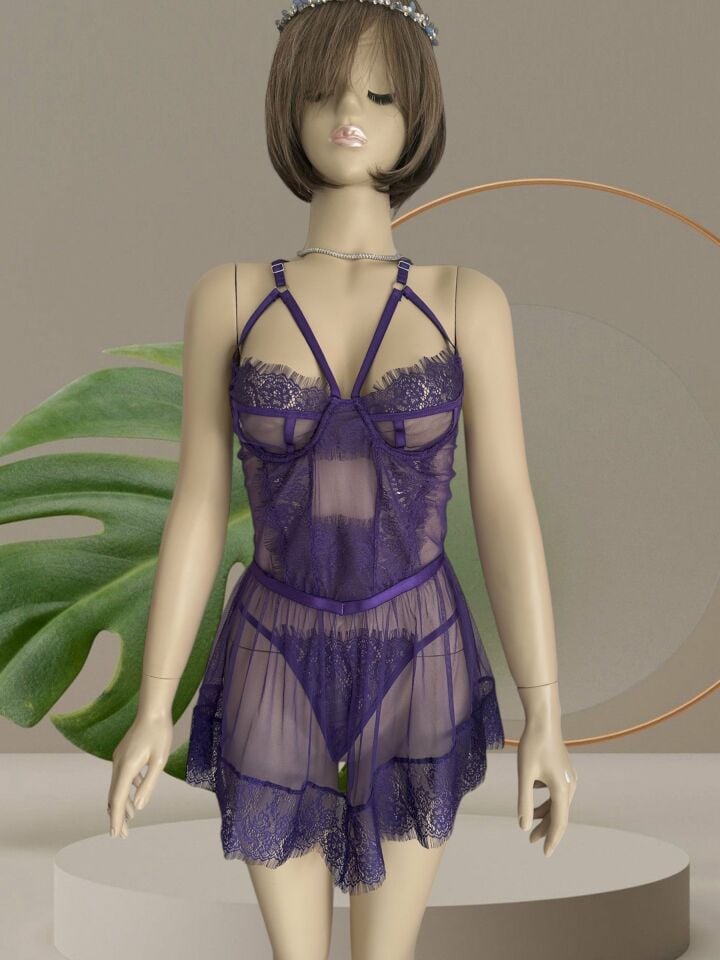 Kadın Balenli Mor Dantelli Transparan Mini Gecelik/Babydoll-8474 Mor - XL