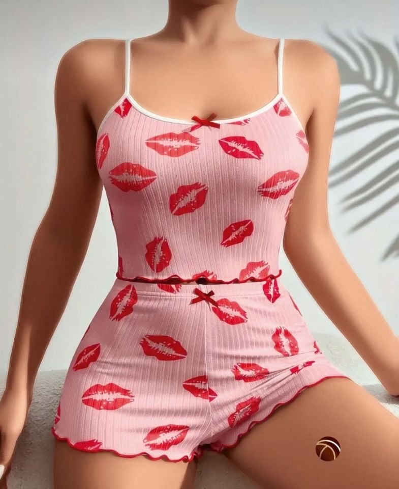 Lily Pembe Siyah Pembe Öpücük Desenli %100 Pamuk İnce Askılı Büstiyer Şort Takım Pembe - L/XL