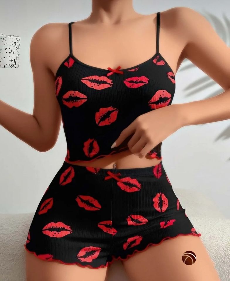 Lily Pembe Siyah Pembe Öpücük Desenli %100 Pamuk İnce Askılı Büstiyer Şort Takım Siyah - L/XL
