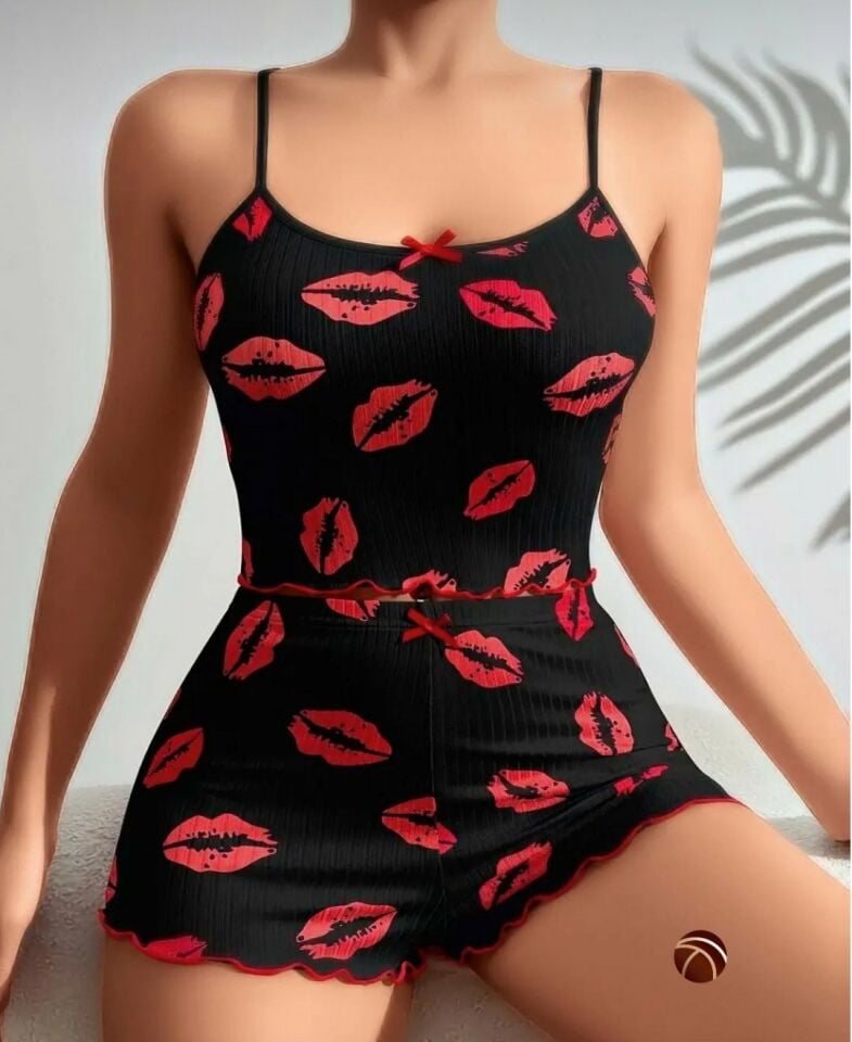 Lily Pembe Siyah Pembe Öpücük Desenli %100 Pamuk İnce Askılı Büstiyer Şort Takım Siyah - L/XL