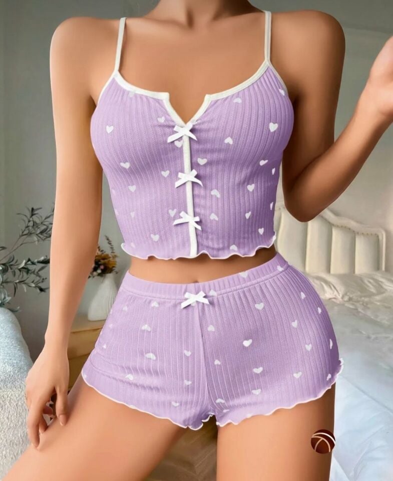 Lily Lila Kalp Desenli Kurdele Detaylı %100 Pamuk İnce Askılı Büstiyer Şort Takım Lila - L/XL
