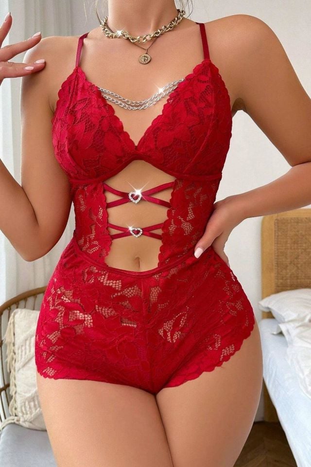 YNT Kırmızı Zincir Detaylı Dantelli Babydoll 15098 Kırmızı - M