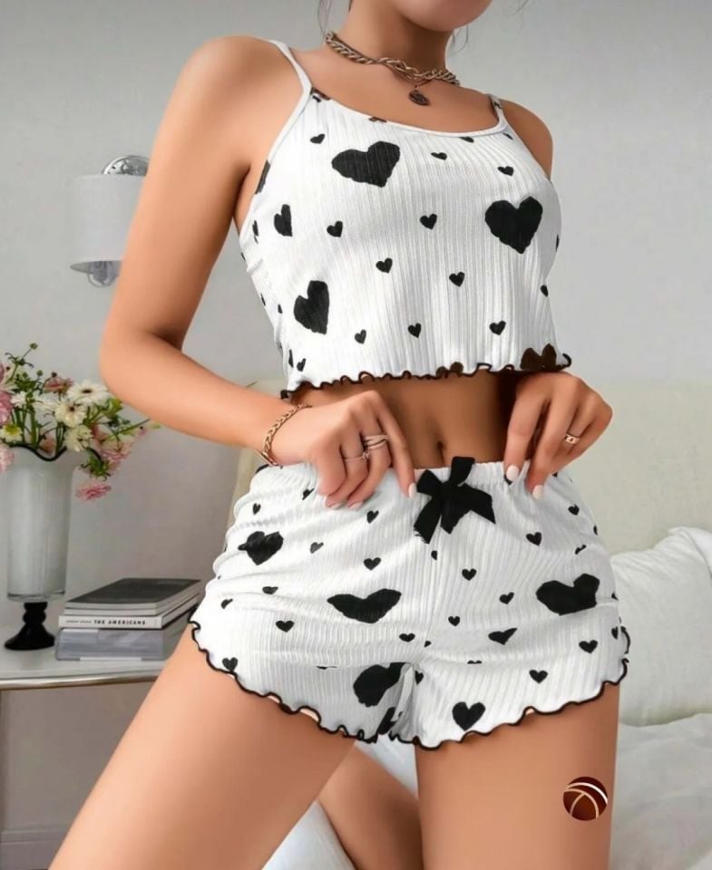 Lily Kırmızı/Siyah Kalp Desenli Kurdele Detaylı %100 Pamuk İnce Askılı Büstiyer Şort Takım Siyah/Beyaz - L/XL
