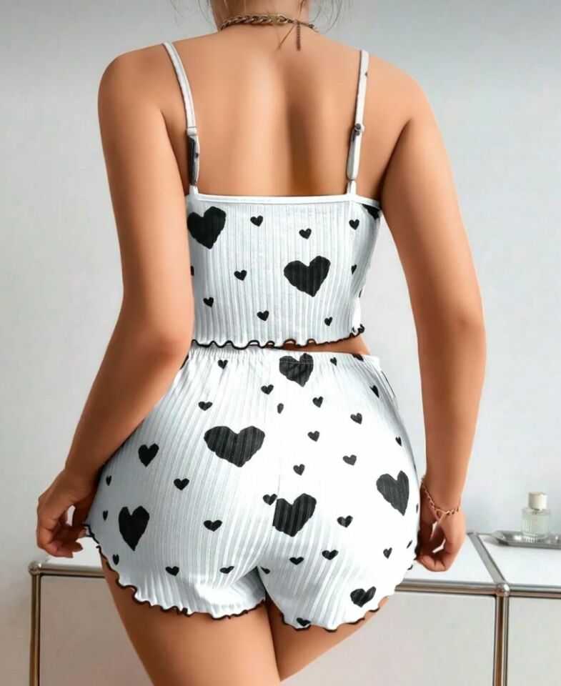 Lily Kırmızı/Siyah Kalp Desenli Kurdele Detaylı %100 Pamuk İnce Askılı Büstiyer Şort Takım Siyah/Beyaz - L/XL