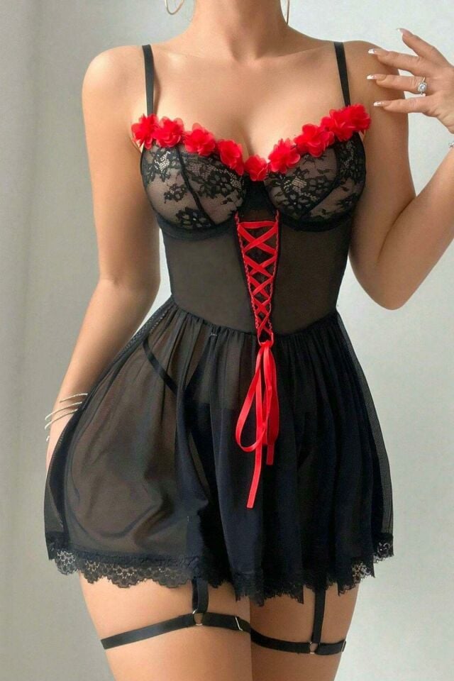 YNT Siyah Gül Detaylı Balenli Tasarım Gecelik 15616 Siyah - 2XL-3XL