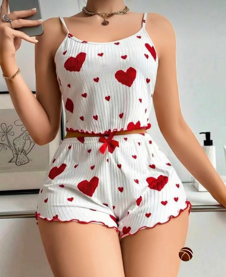 Lily Kırmızı/Siyah Kalp Desenli Kurdele Detaylı %100 Pamuk İnce Askılı Büstiyer Şort Takım Siyah/Kırmızı - L/XL