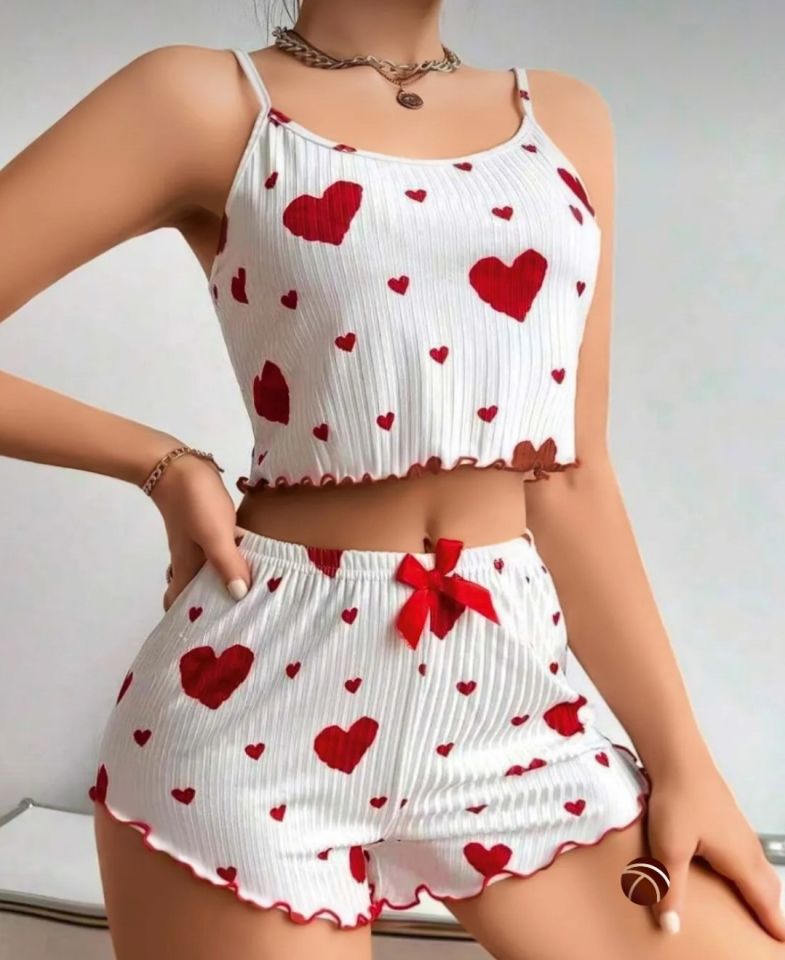 Lily Kırmızı/Siyah Kalp Desenli Kurdele Detaylı %100 Pamuk İnce Askılı Büstiyer Şort Takım Siyah/Kırmızı - L/XL