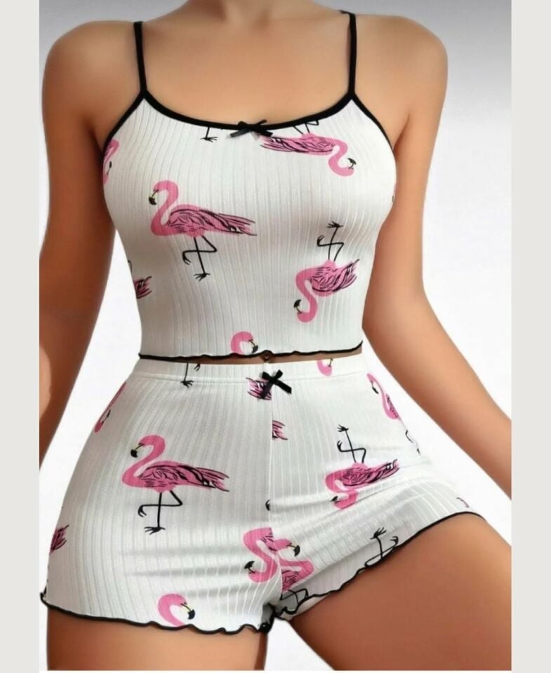 Lily Pembe/Beyaz Flamingo Desenli %100 Pamuk İnce Askılı Büstiyer Şort Takım Beyaz/Pembe - S/M