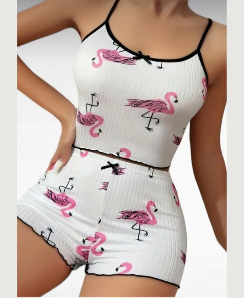 Lily Pembe/Beyaz Flamingo Desenli %100 Pamuk İnce Askılı Büstiyer Şort Takım Beyaz/Pembe - S/M