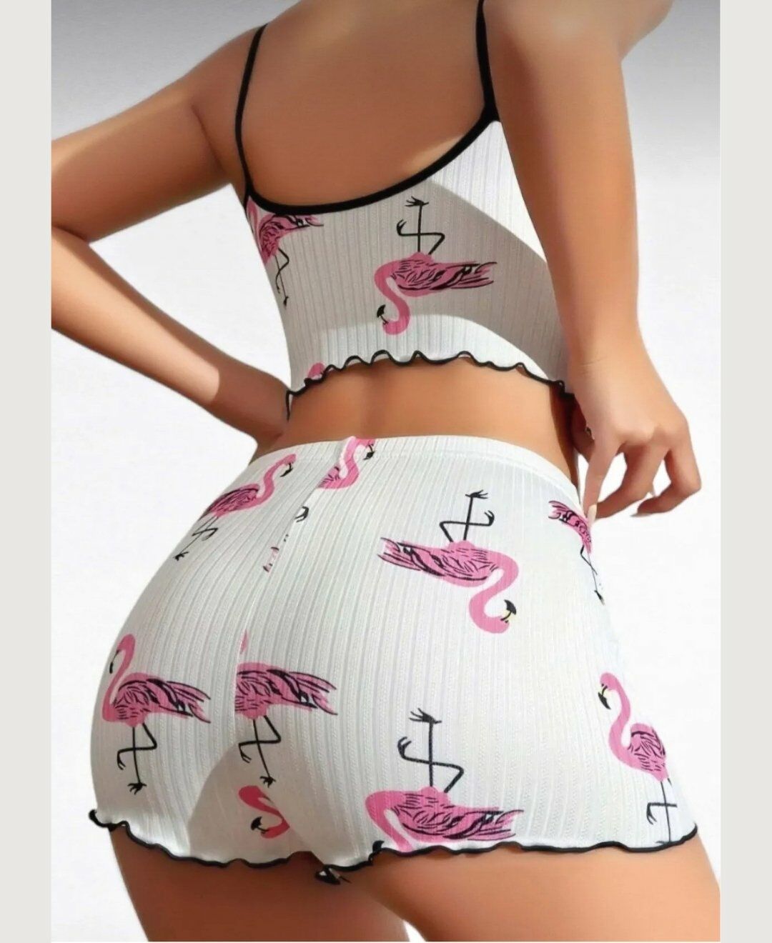 Lily Pembe/Beyaz Flamingo Desenli %100 Pamuk İnce Askılı Büstiyer Şort Takım Beyaz/Pembe - S/M