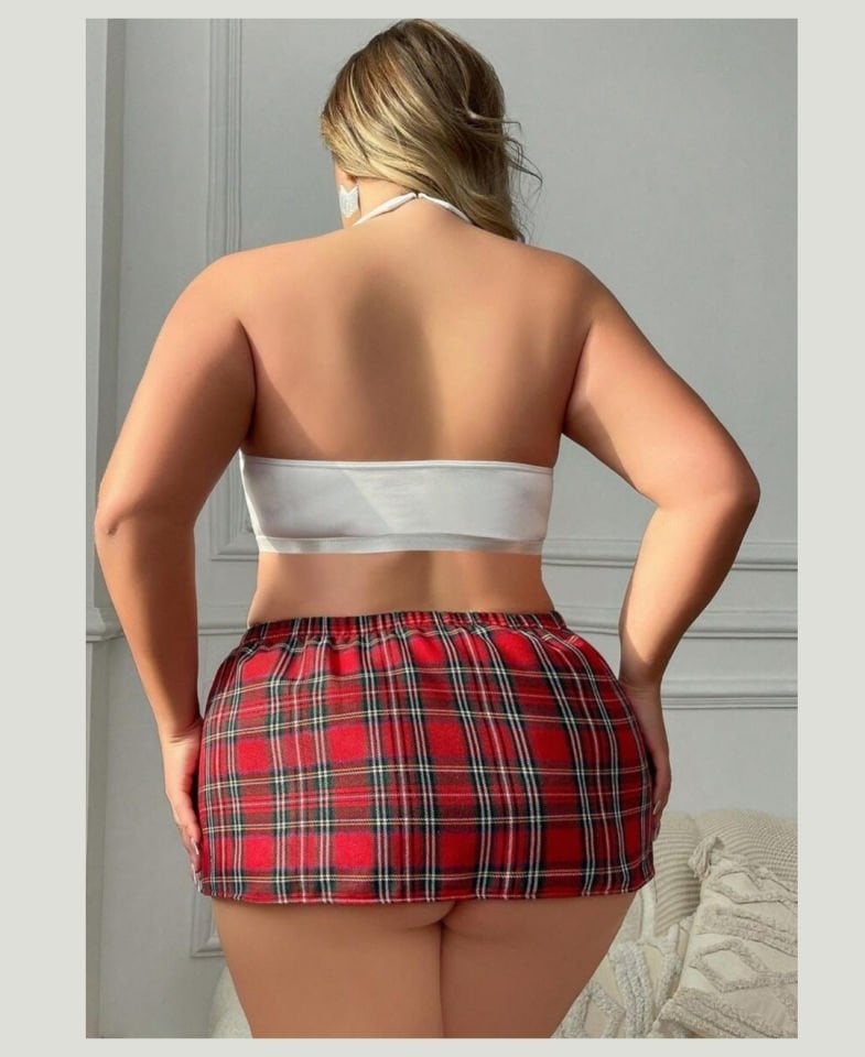 Intive Büyük Beden Ekose Desen Dantelli Transparan Liseli Kostüm- 8488 Ekose - 3XL
