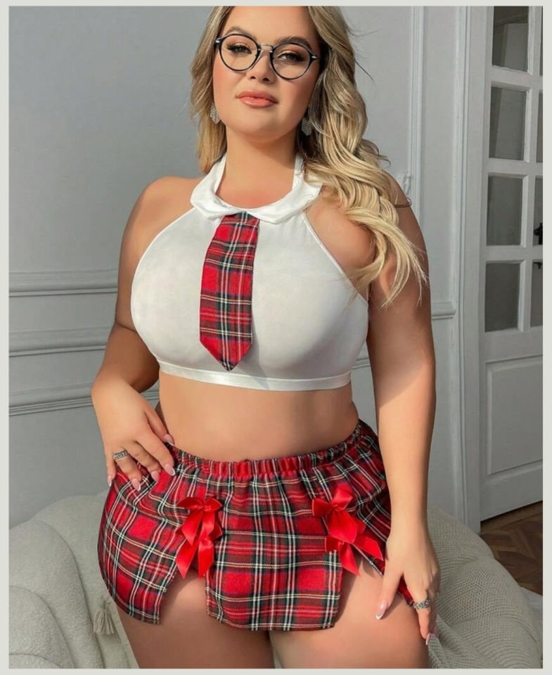 Intive Büyük Beden Ekose Desen Dantelli Transparan Liseli Kostüm- 8488 Ekose - 3XL