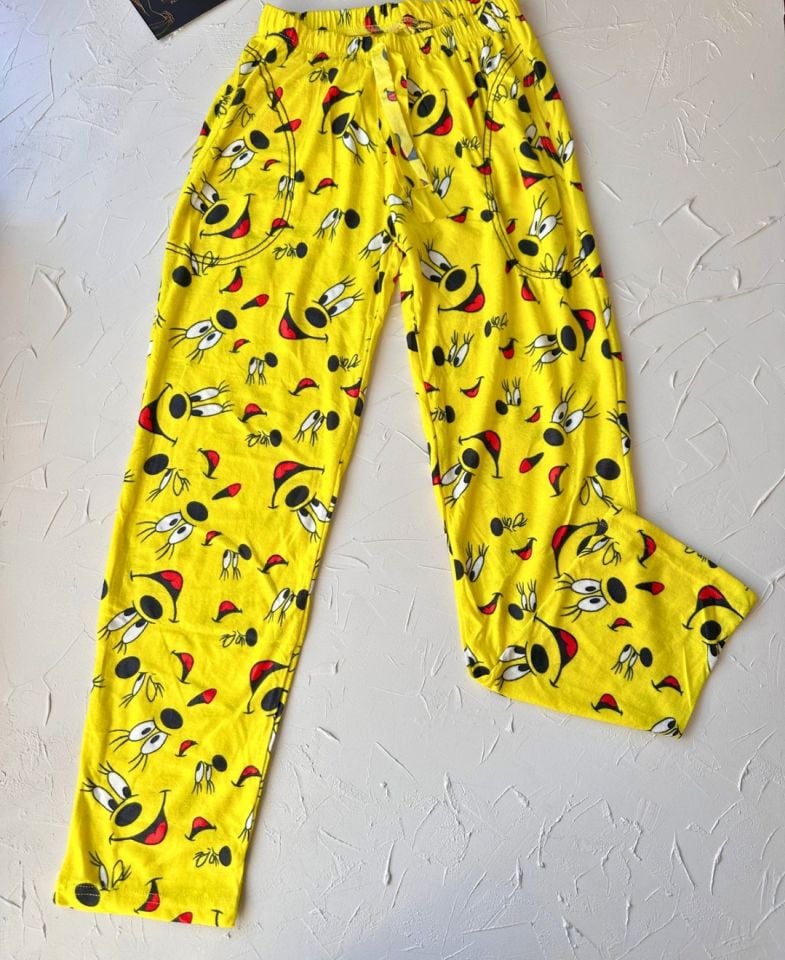 Lindros Twigy Gülen Yüz Baskılı Sarı %100 Pamuk Süet Kışlık Pijama Altı Sarı - XL