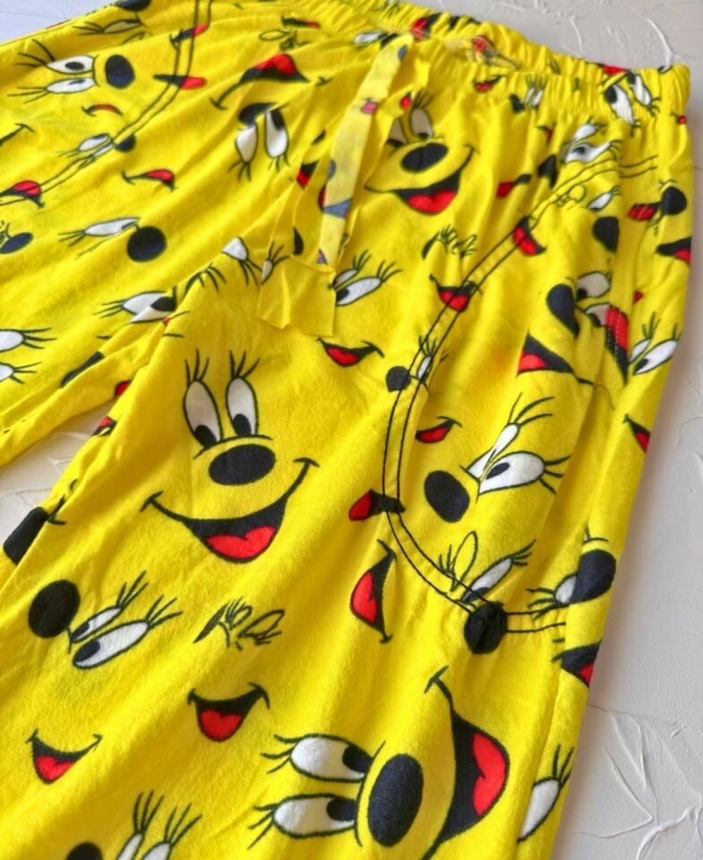 Lindros Twigy Gülen Yüz Baskılı Sarı %100 Pamuk Süet Kışlık Pijama Altı Sarı - XL