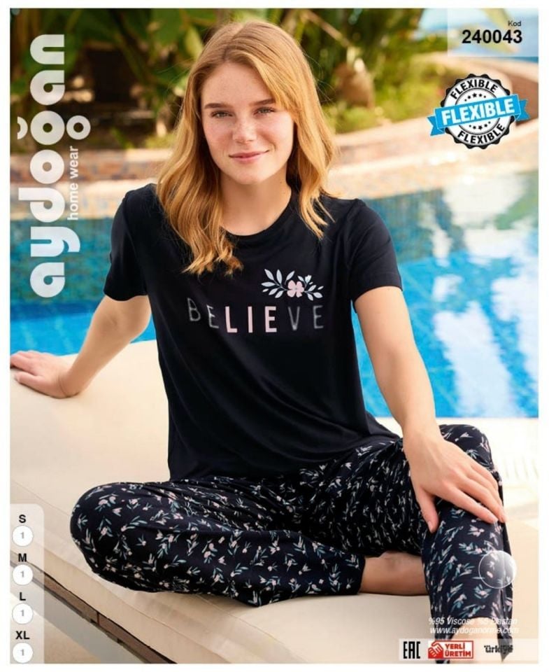 Aydoğan Homewear -Believe- Yazılı Viskos Yazlık Pijama Takımı-240043 Siyah - S
