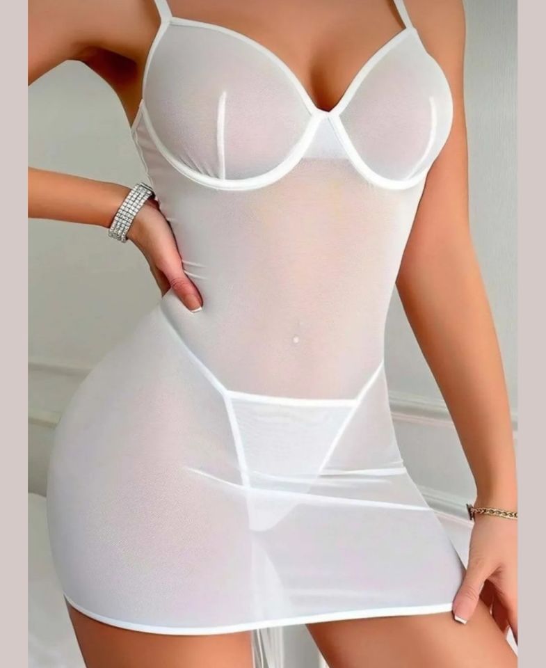Intive Fantasy Arkası Tamamen Bağlamalı Transparan Mini Slim Fit Gecelik (Beyaz-Siyah-Kırmızı) Beyaz - S/M