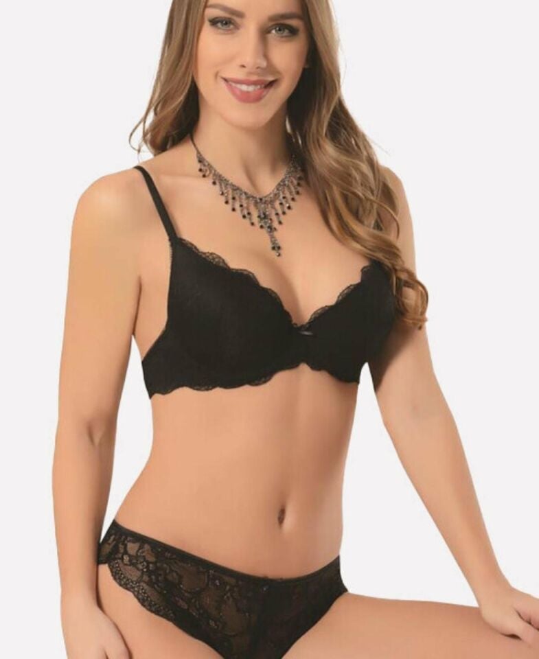 Kadın Dantelli Destekli Cuplı Balenli Push-up Takım - 4618 Siyah - 75B