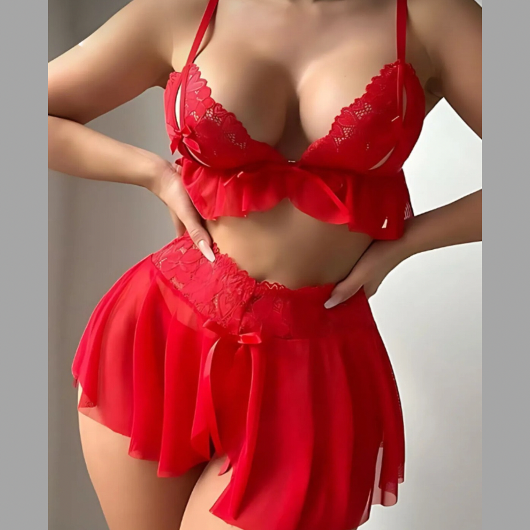 Jessica Bella Kırmızı Göğüs Ucu Açık Bralet Mini Etek String Takım- 0152 Kırmızı - L/XL