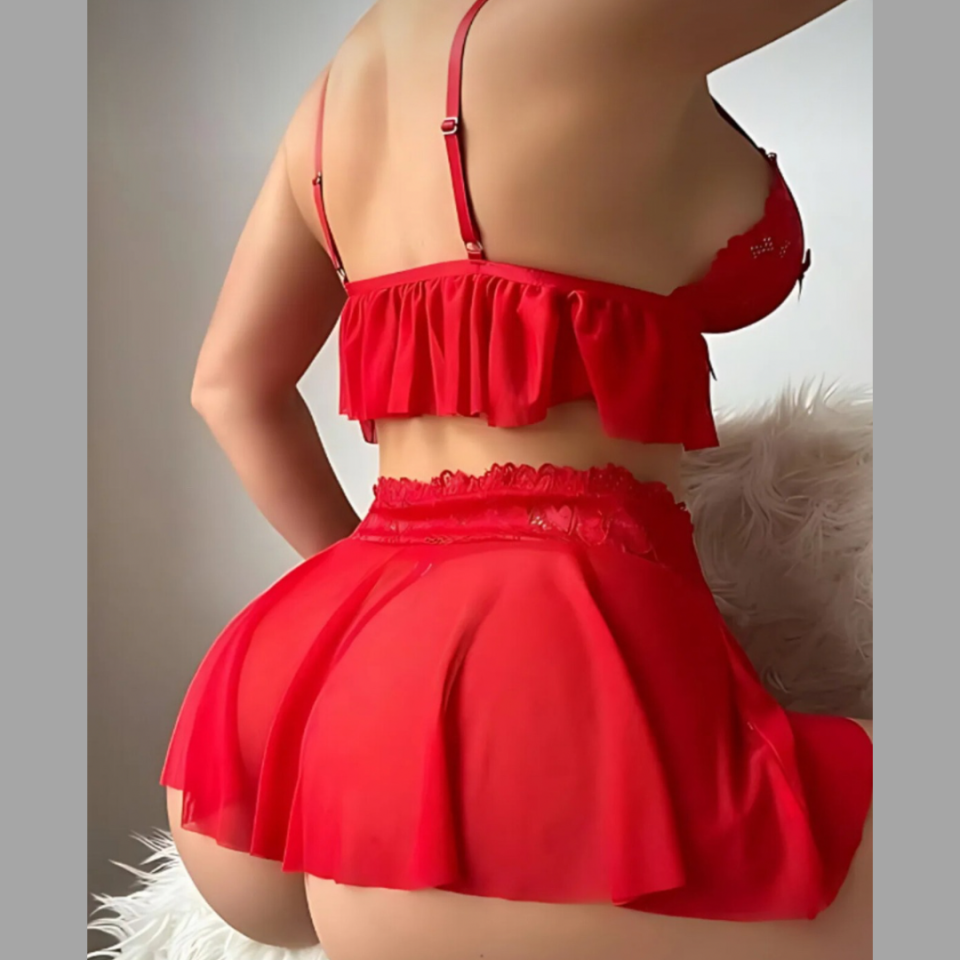 Jessica Bella Kırmızı Göğüs Ucu Açık Bralet Mini Etek String Takım- 0152 Kırmızı - L/XL