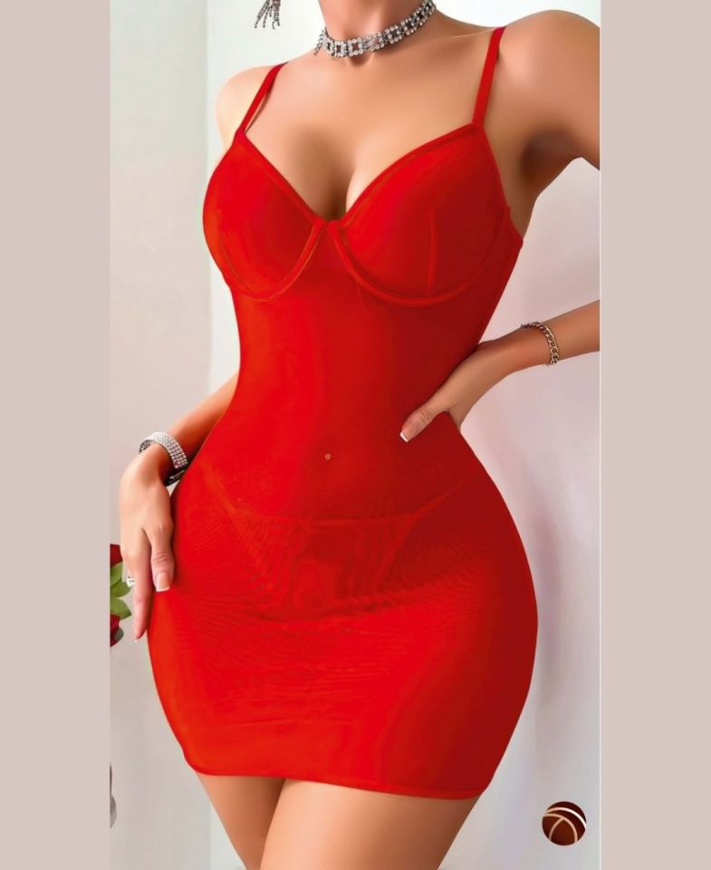 Intive Fantasy Arkası Tamamen Bağlamalı Transparan Mini Slim Fit Gecelik (Beyaz-Siyah-Kırmızı) Kırmızı - L/XL