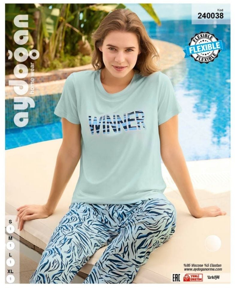 Aydoğan Homewear -Winner- Yazılı Viskos Yazlık Pijama Takımı-240038 Mavi - XL