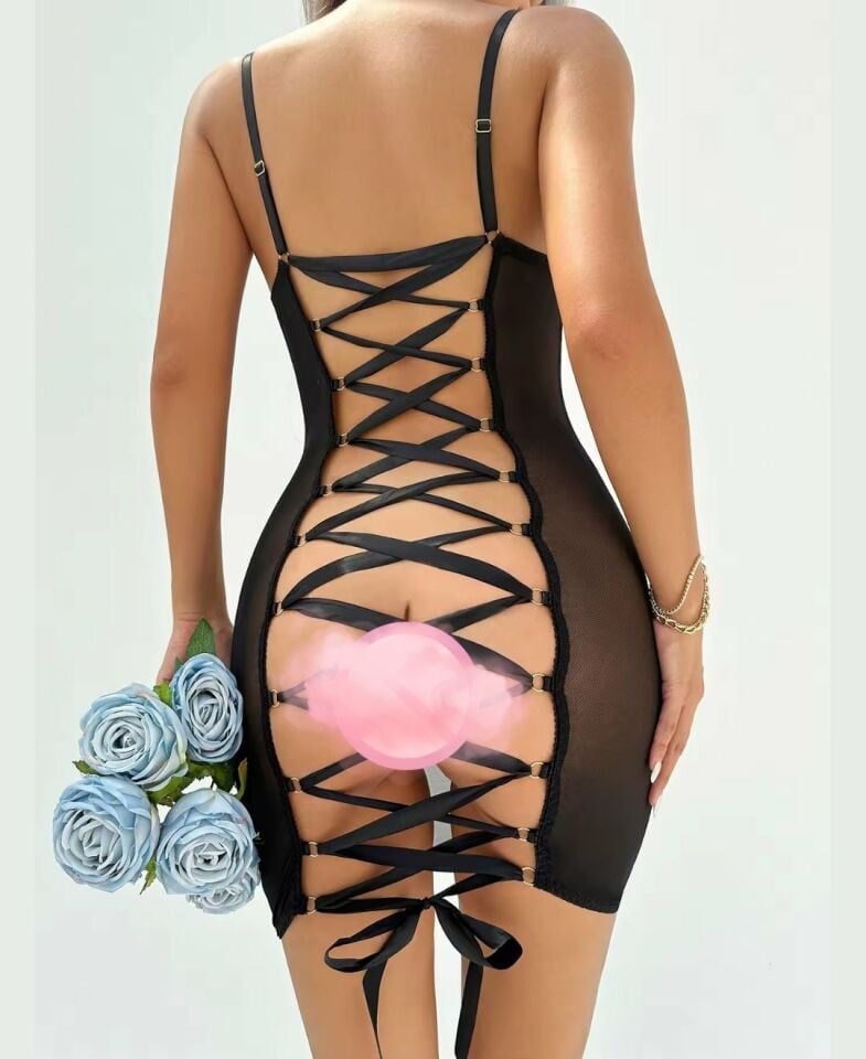 Intive Fantasy Arkası Tamamen Bağlamalı Transparan Mini Slim Fit Gecelik (Beyaz-Siyah-Kırmızı) Siyah - L/XL