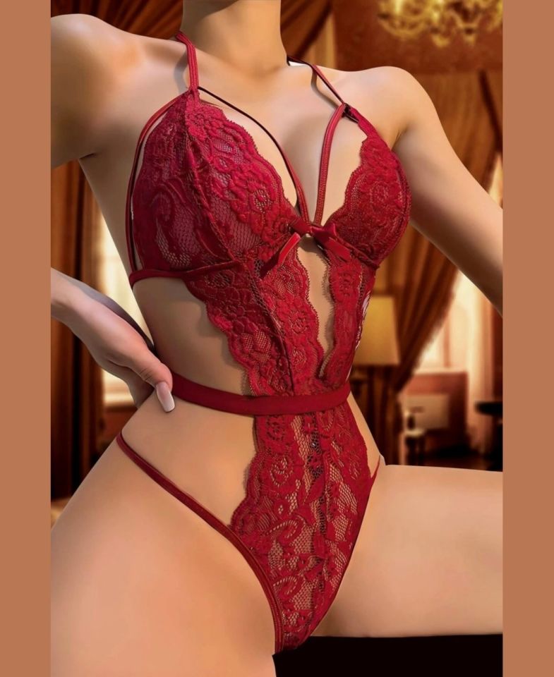 Kadın Bordo Dantelli Sırt ve Bel Dekolteli Fantezi Bodysuit -002 Bordo - S/M