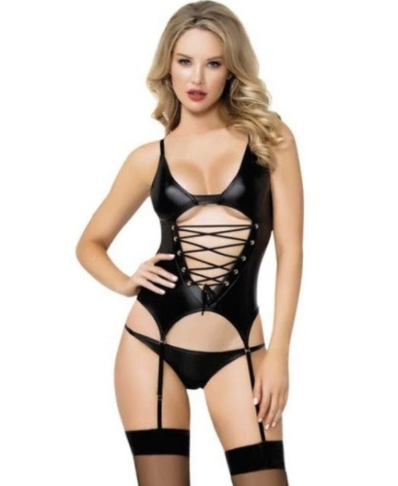 Kadın Önü Çapraz Bağlamalı Seksi Bodysuit Tanga Takım Siyah - S