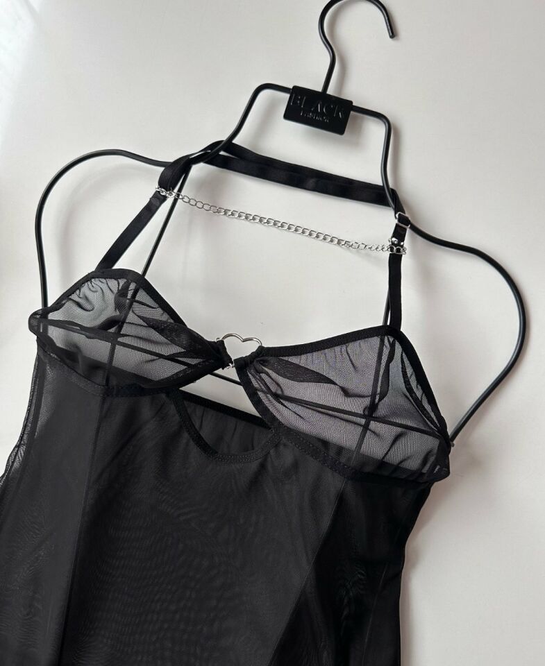 Visatin Kalp Aksesuarlı Siyah Transparan Zincir Aksesuarlı Mini Gecelik/Babydoll -4043 Siyah - XL