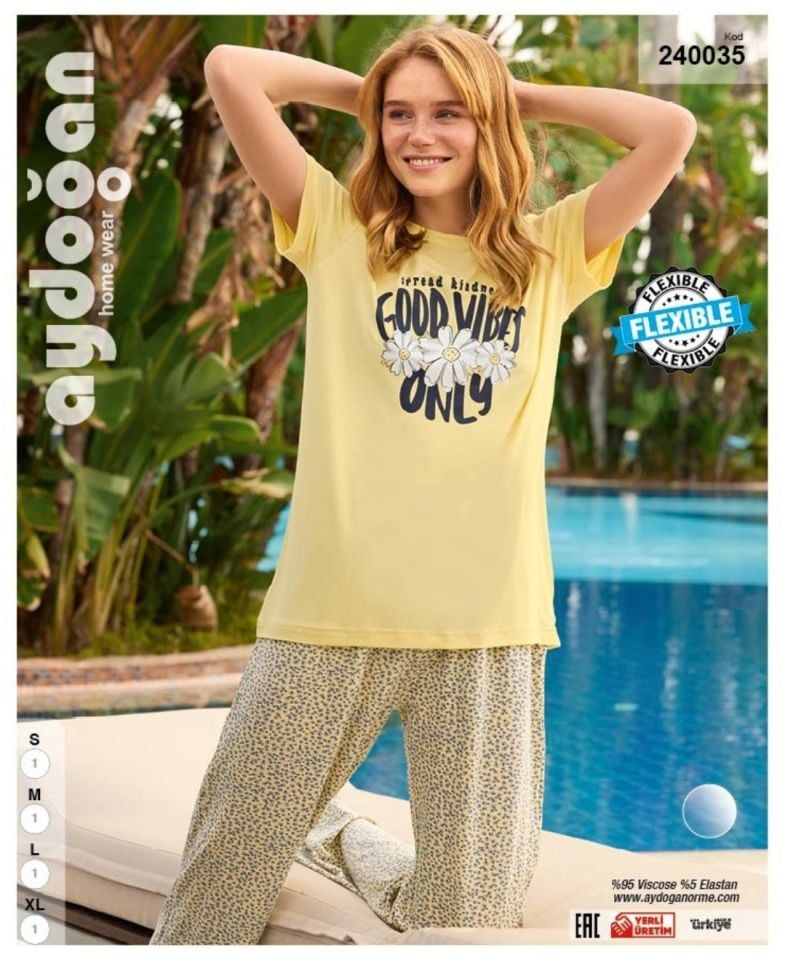 Aydoğan Homewear -good vibes only- Yazılı Sarı Viskos Yazlık Pijama Takımı-240035 Sarı - XL