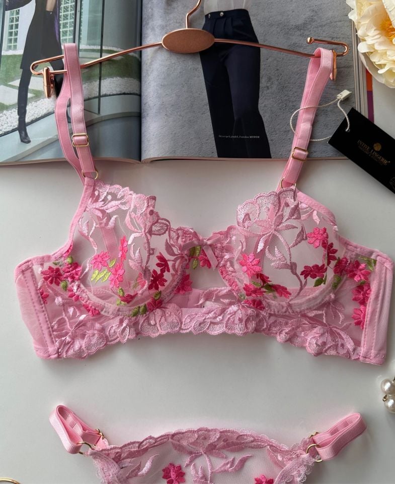 Barbie Floral Pembe Çiçek Desenli Balenli Sütyen Cheeky Külot Takım Pembe - 75B