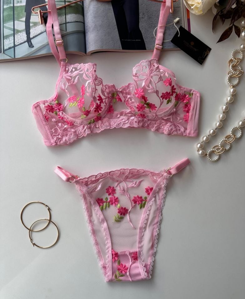 Barbie Floral Pembe Çiçek Desenli Balenli Sütyen Cheeky Külot Takım Pembe - 75B