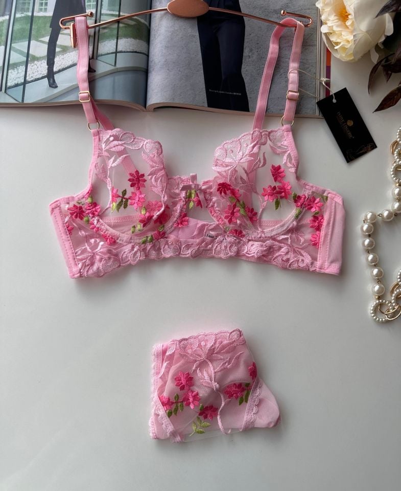 Barbie Floral Pembe Çiçek Desenli Balenli Sütyen Cheeky Külot Takım Pembe - 75B
