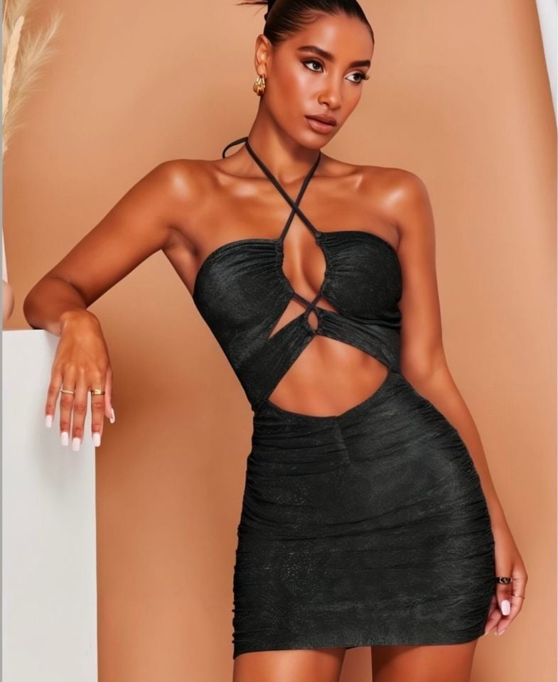 Real Passione Siyah Simli Parlak Boyundan Geçmeli Dekolteli Wrap Kesm Mini Gecelik/Babydoll -1011 Siyah - M