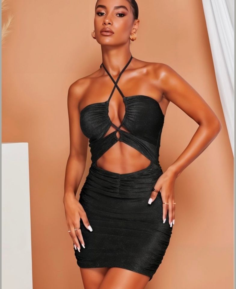 Real Passione Siyah Simli Parlak Boyundan Geçmeli Dekolteli Wrap Kesm Mini Gecelik/Babydoll -1011 Siyah - M