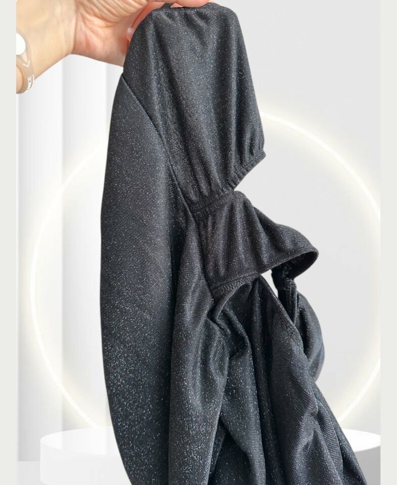 Real Passione Siyah Simli Parlak Boyundan Geçmeli Dekolteli Wrap Kesm Mini Gecelik/Babydoll -1011 Siyah - M