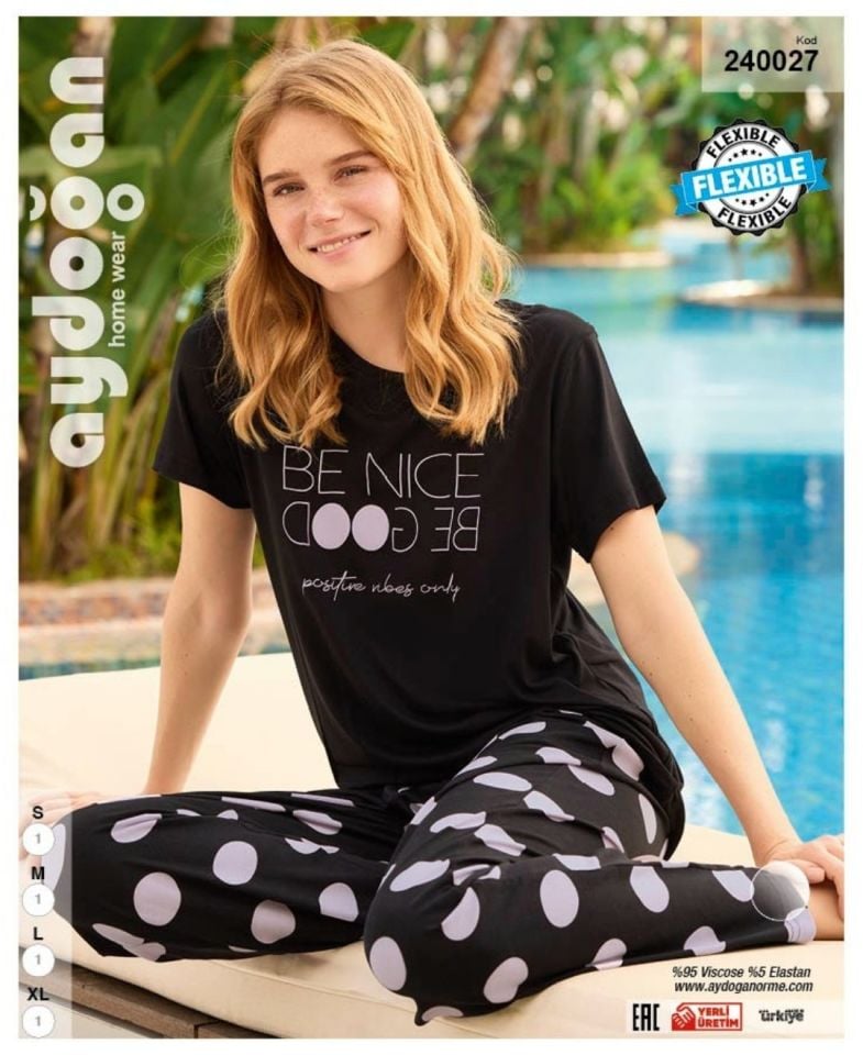 Aydoğan Homewear -be nice be good- Yazılı Puantiyeli Viskos Yazlık Pijama Takımı-240027 Siyah - XL