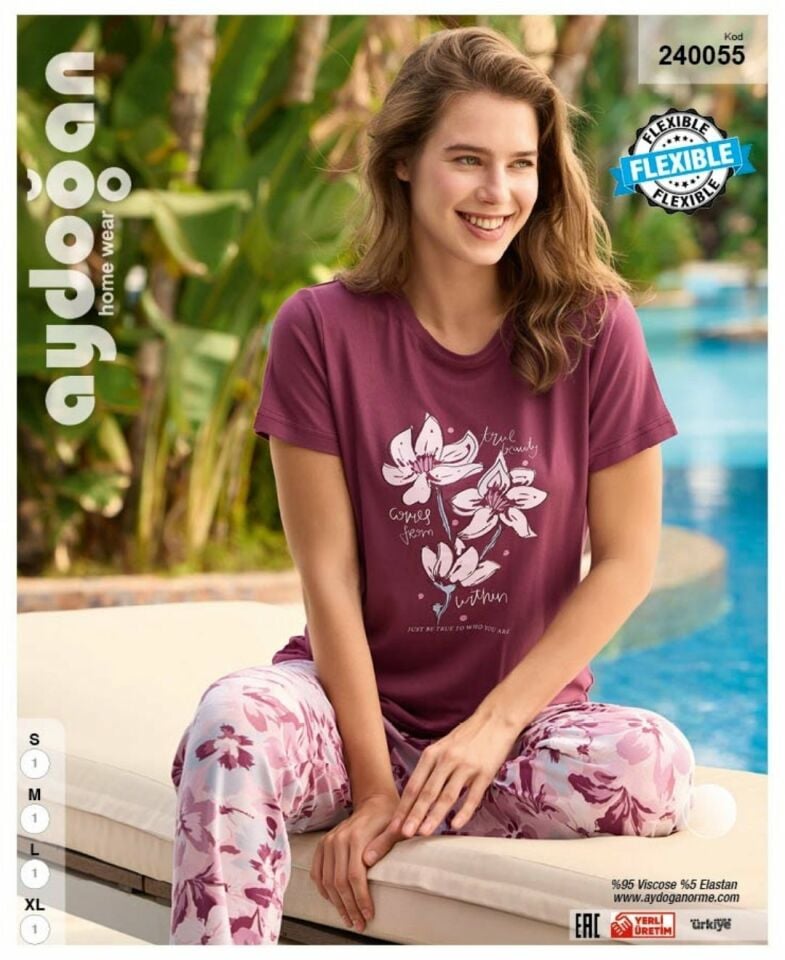 Aydoğan Homewear Gül Kurusu Çiçek Baskılı Viskos Yazlık Pijama Takımı-240055 Gül Kurusu - M