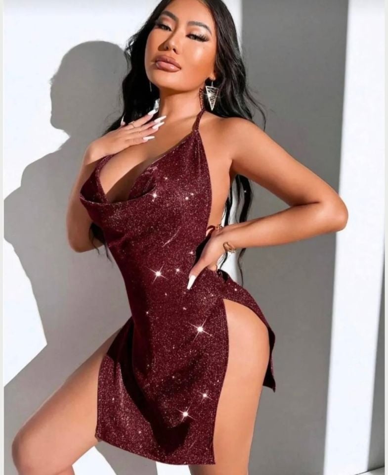 Real Passione Bordo Simli Parlak Degrade Kumaş Göğüs ve Bacak Dekolteli Mini Gecelik/Babydoll -1011 Bordo - L