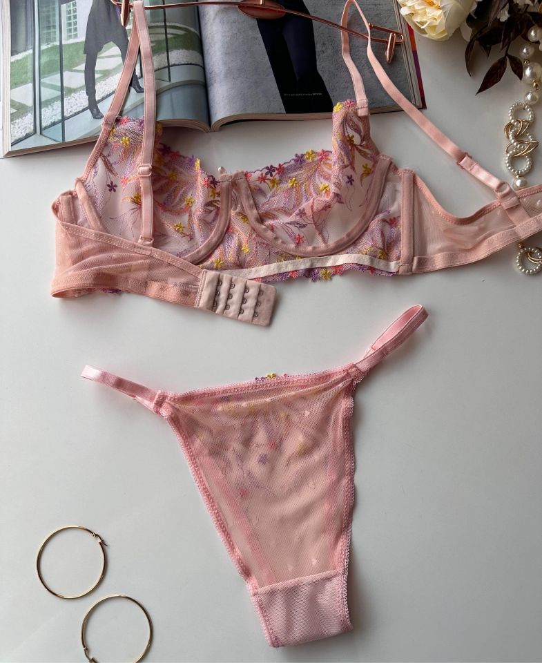 Stacie Pudra Üstü Mor Sarı Çiçek Desenli Cheeky Model Külot Sütyen Takım Pembe/Pudra - 90