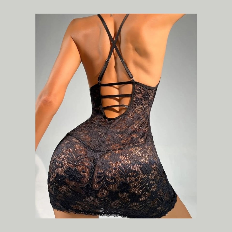 Jessica Bella Full Dantelli Önü Şeritli Slim-Fit Transparan Gecelik -0151 Siyah - S/M