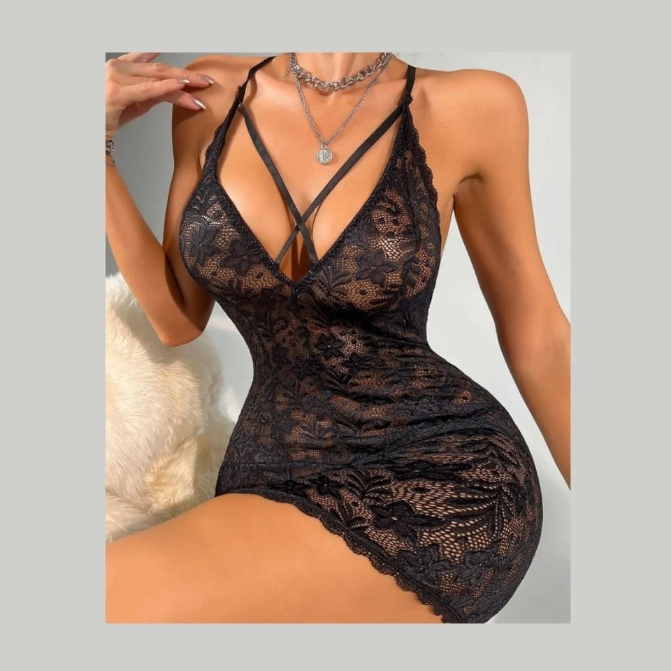 Jessica Bella Full Dantelli Önü Şeritli Slim-Fit Transparan Gecelik -0151 Siyah - S/M