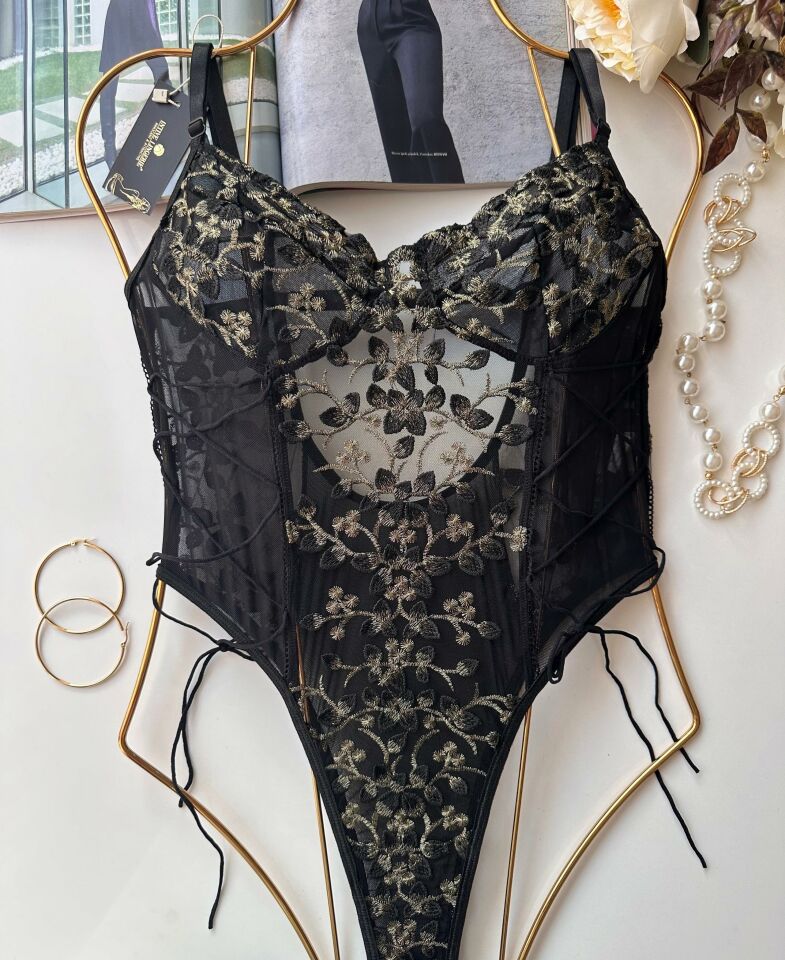 Blair New Siyah Gold Siyah İşlemeli İthal Çıtçıtlı Bodysuit Siyah/Gold - M