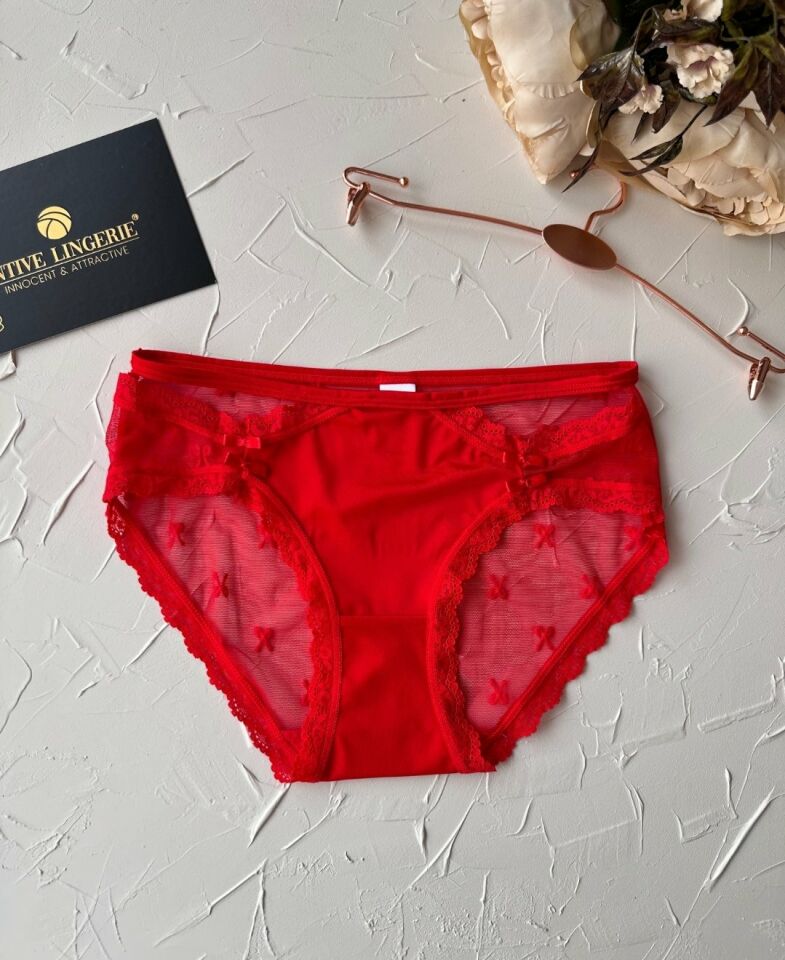 Arya Japon Style Arkası Tül Cut-Out Dantel Detaylı Cheeky Külot/Slip-2853 Kırmızı - L