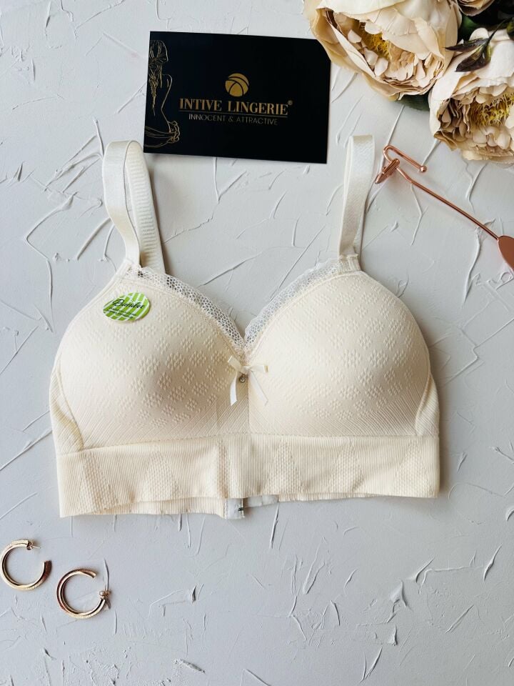 Celine C Cup Bambu Hisli Ultra Rahat Polamid Kumaştan Dokulu Dantel Detaylı Balensiz Desteksiz Sütyen Ekru - 100C