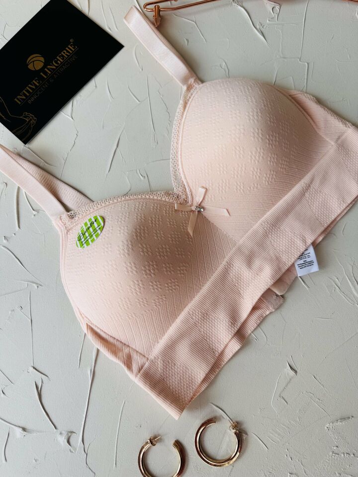 Celine C Cup Bambu Hisli Ultra Rahat Polamid Kumaştan Dokulu Dantel Detaylı Balensiz Desteksiz Sütyen Pudra  - 85C