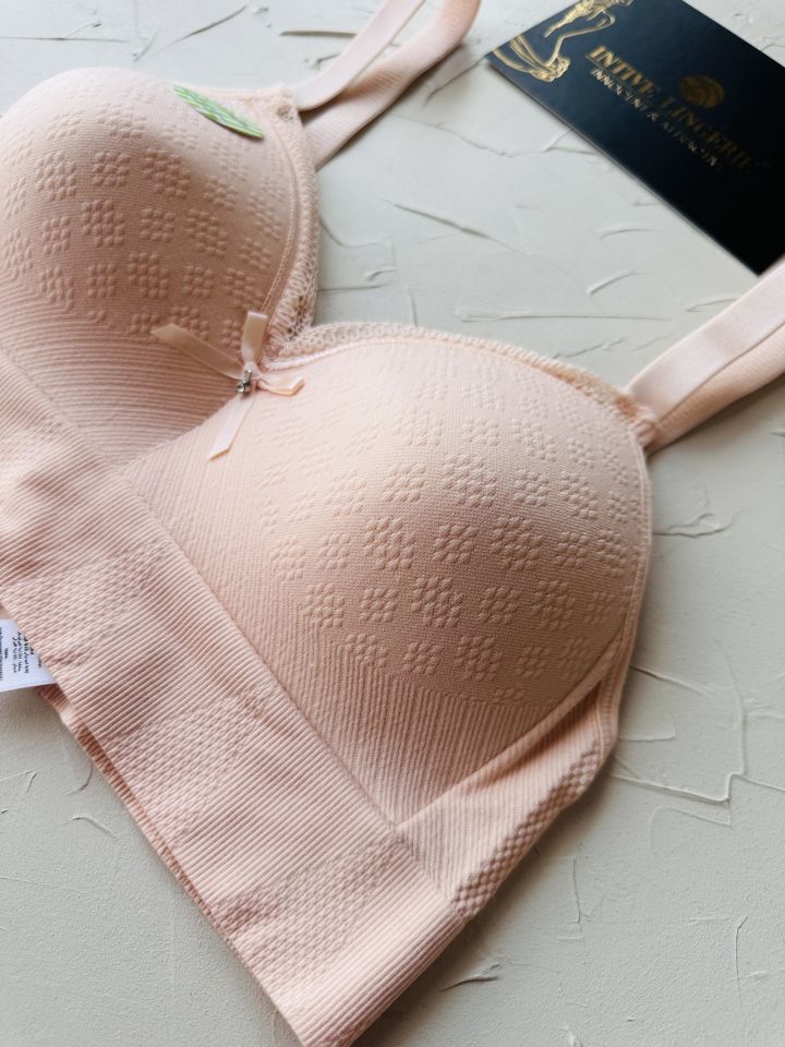 Celine C Cup Bambu Hisli Ultra Rahat Polamid Kumaştan Dokulu Dantel Detaylı Balensiz Desteksiz Sütyen Pudra  - 85C