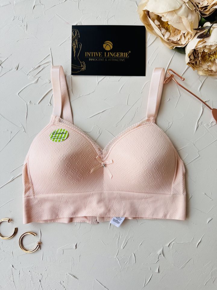 Celine C Cup Bambu Hisli Ultra Rahat Polamid Kumaştan Dokulu Dantel Detaylı Balensiz Desteksiz Sütyen Pudra  - 90C